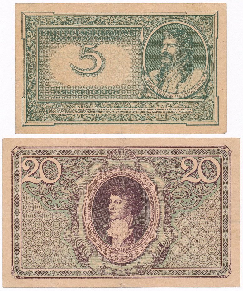 Banknoty. 5 marek  polskich  1919 Seria A i 20 marek polskich 1919 seria IB